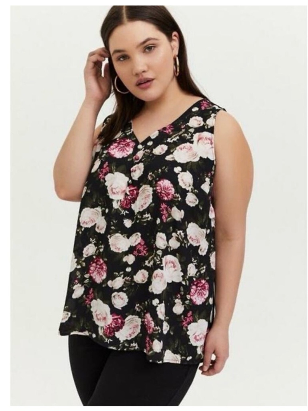 Torrid Black Rose Floral Print Button-Front V-Neck Tank Top Plus Size 0